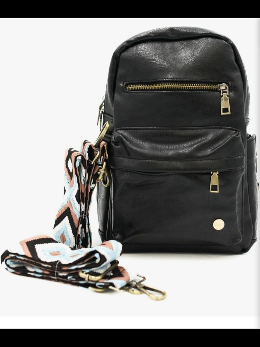 Black Women's Backpack with Detachable Patterned Strap